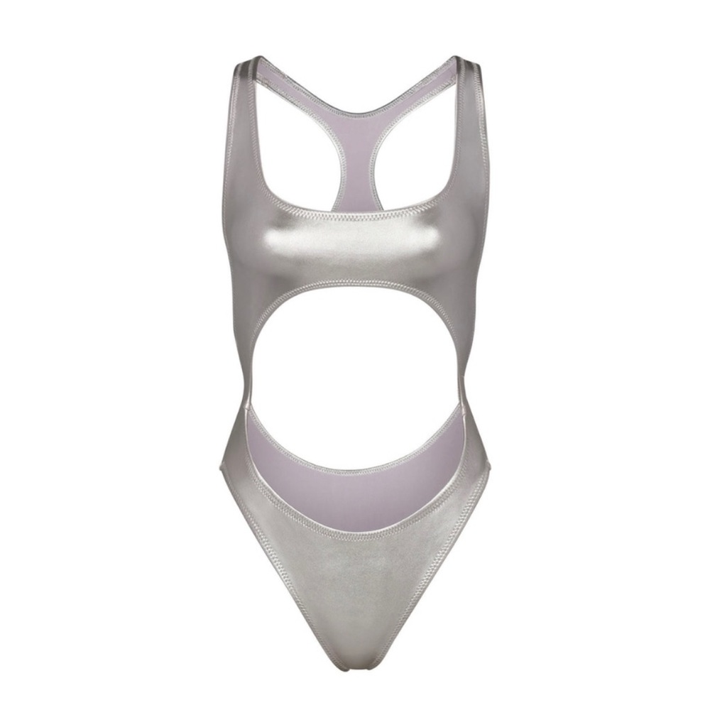 SKIMS METALLIC SWIM CUT-OUT MONOKINI NICKLE SILVER ONE PIECE SWIM